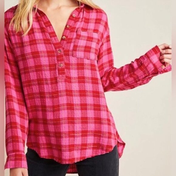Anthropologie Isadora Pink Plaid Flannel Top, Size XS - Picture 1 of 10